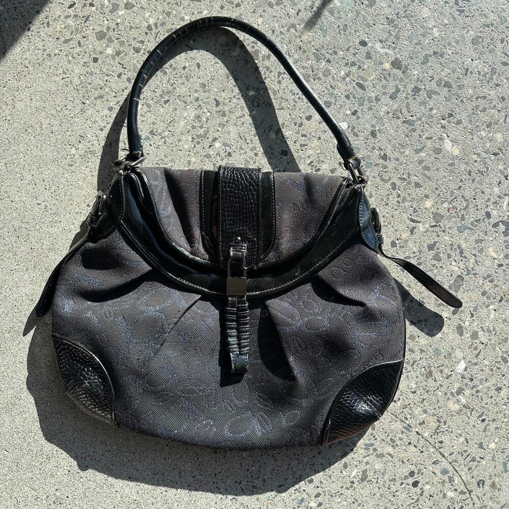 bebe Vintage Black Monogram Shoulder Bag Faux Leather Trim Structured Y2K Early